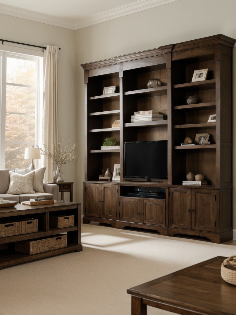Incorporate furniture pieces with built-in storage, like bookcases or media consoles.