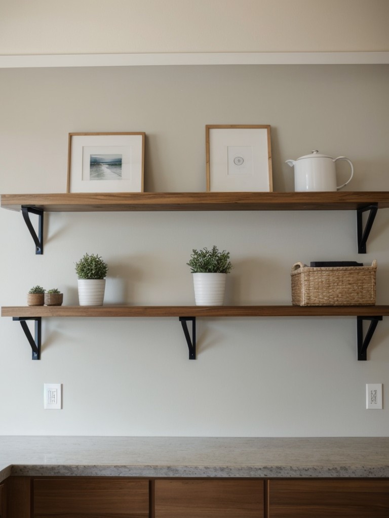 Install floating shelves on walls for additional storage space.
