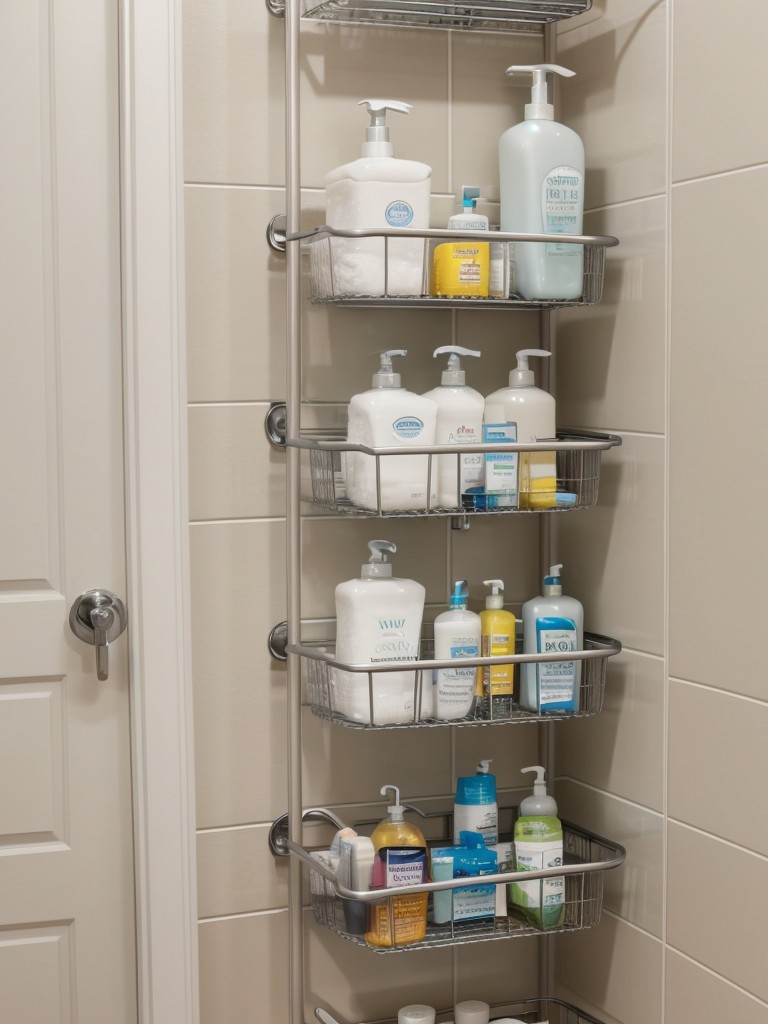 Install a shower caddy or suction cup shelves in the bathroom for toiletry storage.