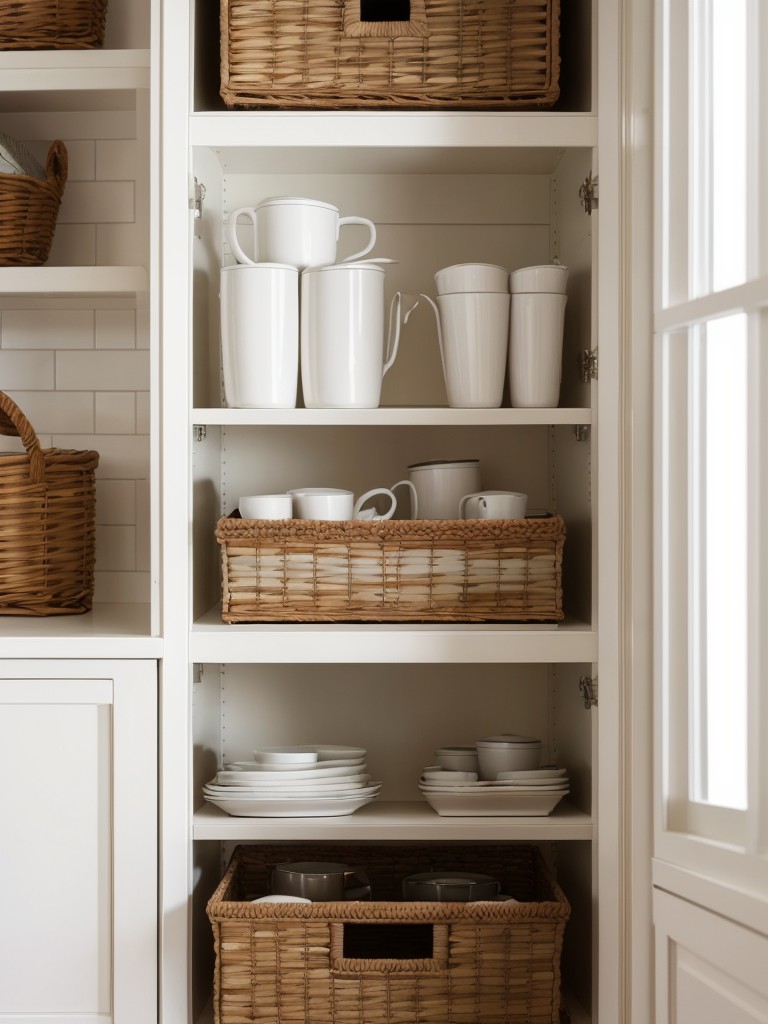 Make use of the space above cabinets with decorative baskets or boxes.