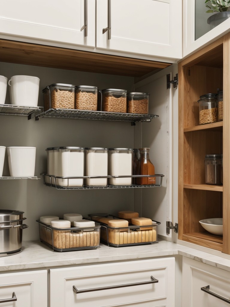 Maximize storage in the kitchen by installing a hanging pot rack and using stackable containers.