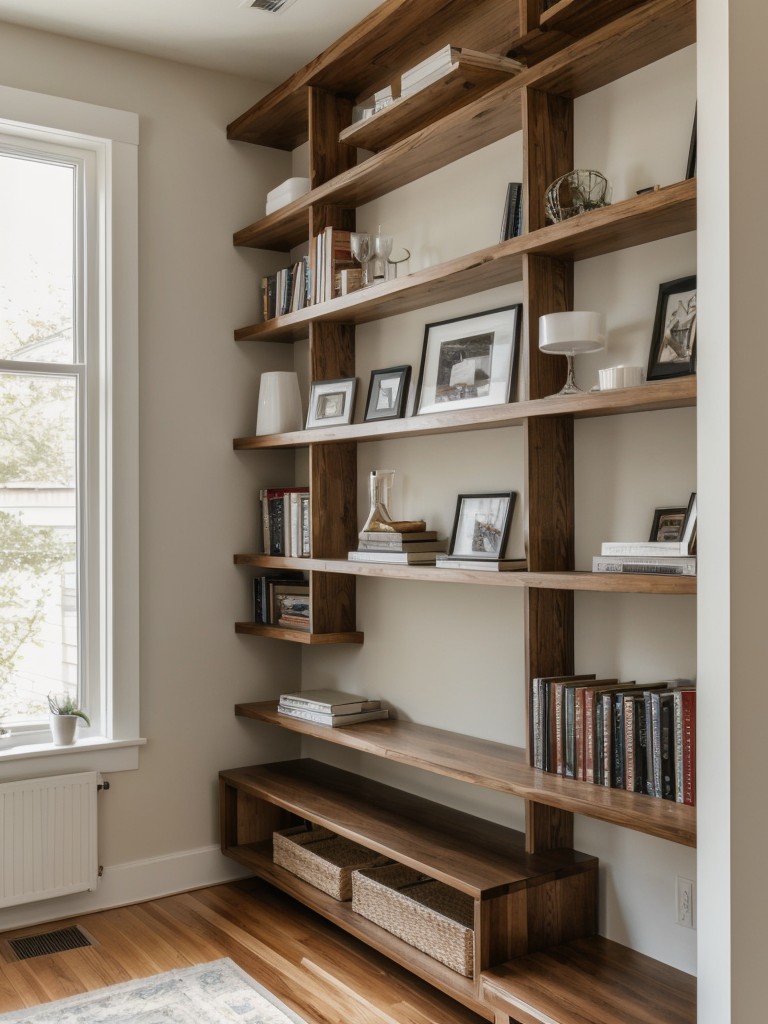 Maximizing vertical space with tall bookshelves or floating shelves.