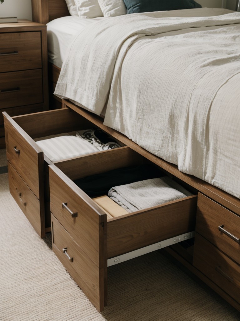Utilizing the area underneath the bed for extra storage with the help of storage containers or drawers.