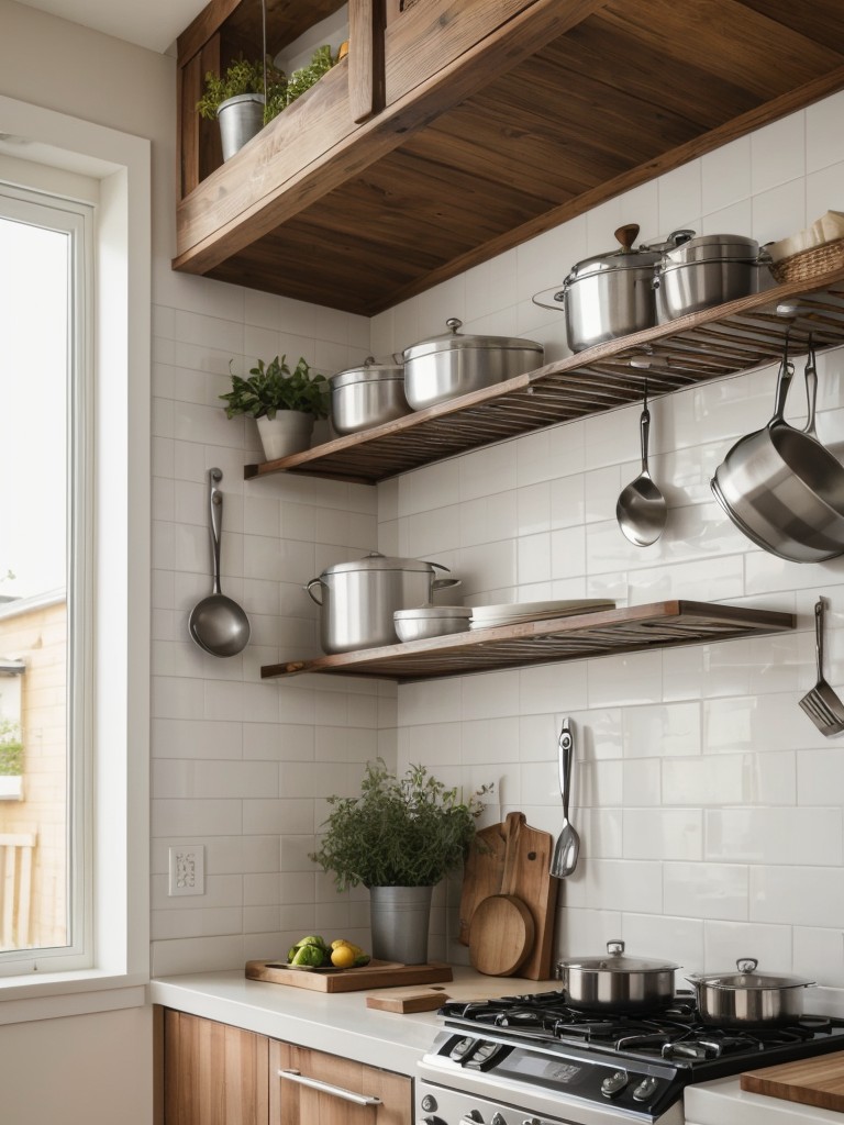 Utilizing vertical wall space in the kitchen by hanging pots, pans, and utensils.