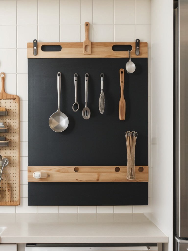 Hang a pegboard on the wall for storing and organizing smaller items such as kitchen utensils or crafting supplies.