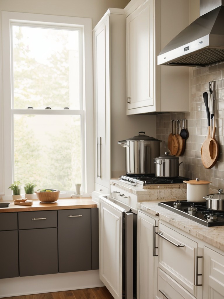 Hang a pot rack in the kitchen to display and store your cookware, freeing up valuable cabinet space.