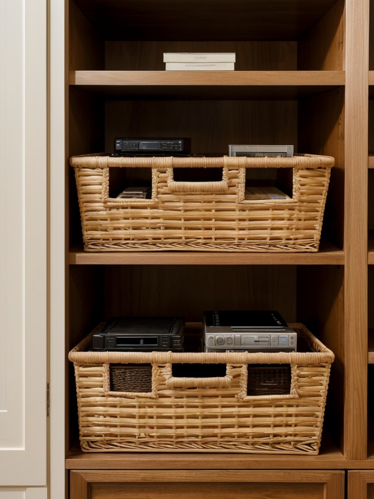 Incorporate storage baskets or bins on bookshelves or entertainment centers to conceal items that aren't visually appealing.