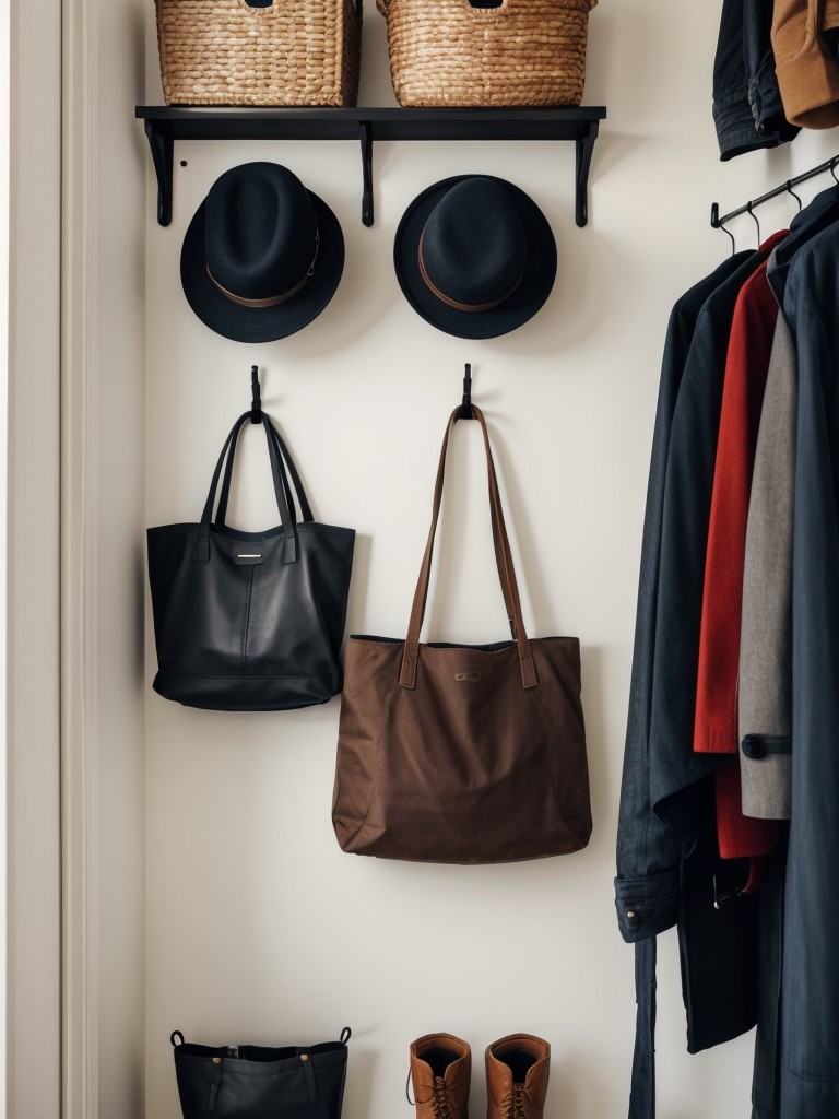 Make use of wall-mounted hooks or a coat rack near the entryway to hang jackets, bags, and hats, keeping them organized and easily accessible.