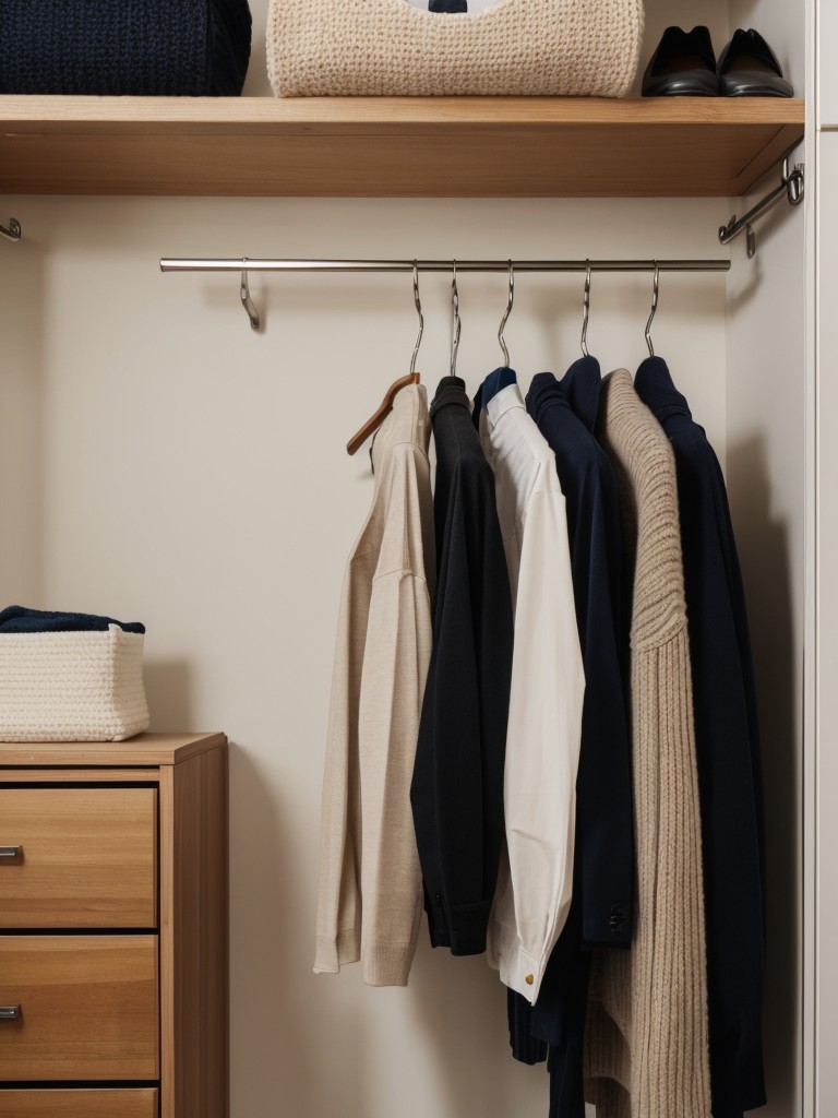 Use a hanging sweater organizer inside your closet to store folded clothes, shoes, or accessories.