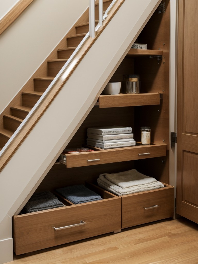 Utilize the space under your stairs for built-in storage shelves or drawers, maximizing every inch of your apartment.