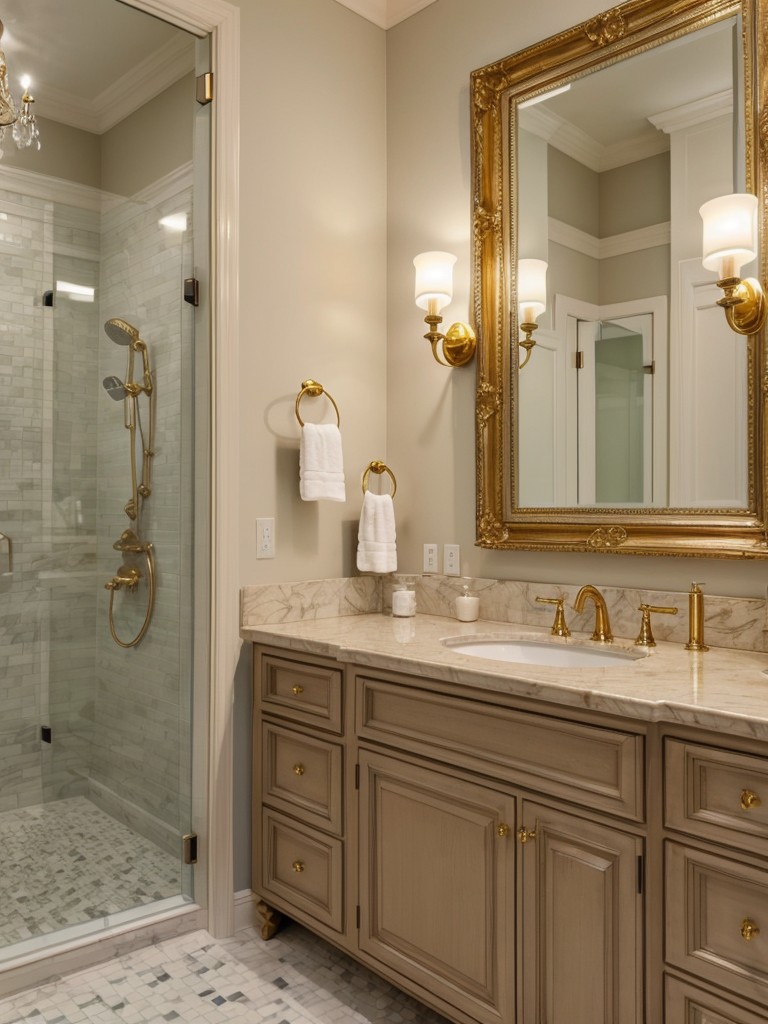 Add a touch of elegance to your bathroom with a chandelier, gold accents, and ornate mirrors.