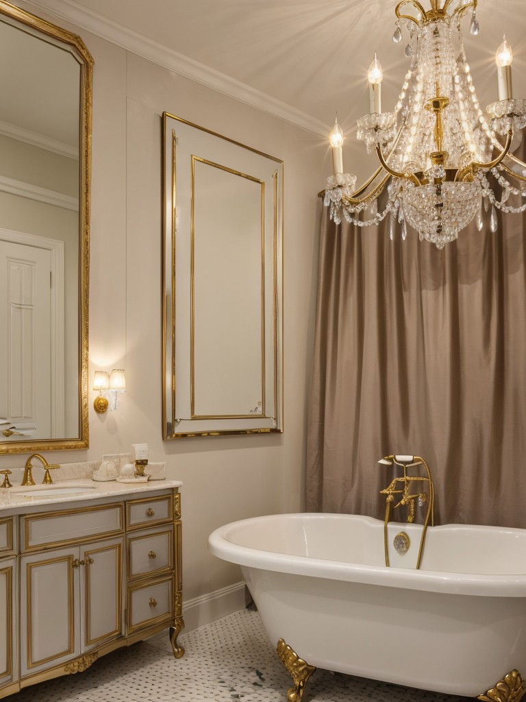 Add a touch of glamour to your bathroom with a crystal chandelier, gilded accents, and plush textiles.