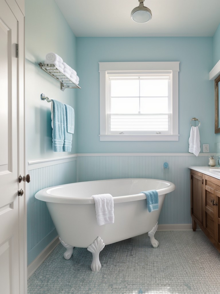 Create a beachy and relaxed vibe in your bathroom with nautical-inspired decor, seashell accessories, and coastal colors like blue and white.