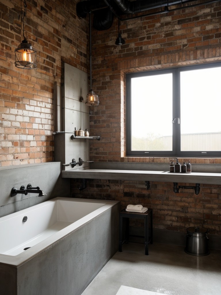 Incorporate a touch of industrial style into your bathroom design with exposed brick walls, metal fixtures, and concrete countertops.