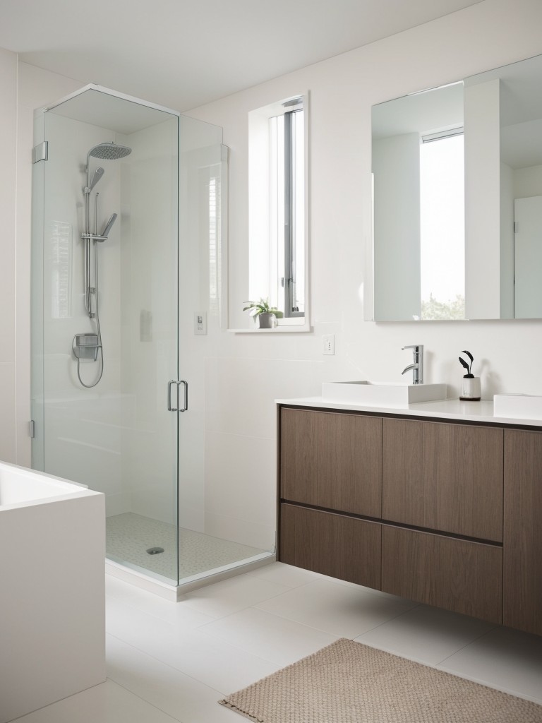 Opt for a minimalist approach with sleek fixtures, clean lines, and a neutral color palette to create a modern and streamlined bathroom.