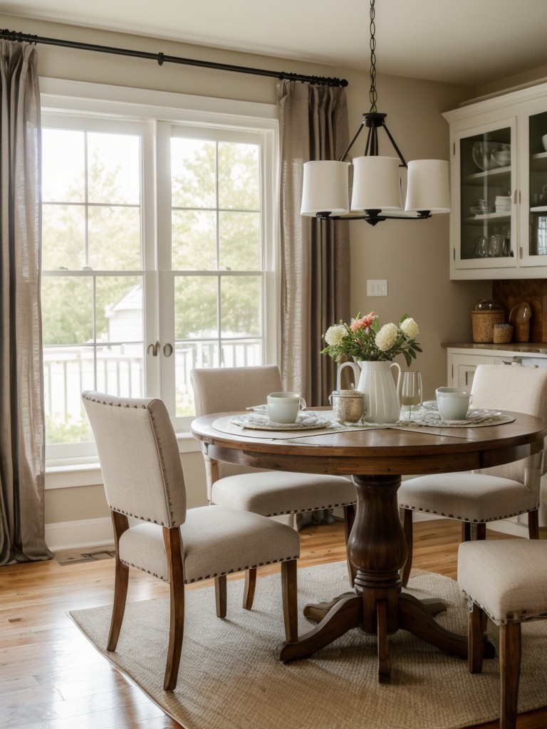 Create a cute and inviting dining area with colorful table linens, whimsical dishware, and decorative accents like a stylish centerpiece or quirky salt and pepper shakers.