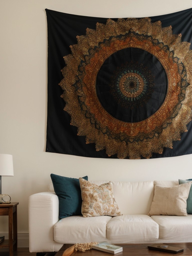 Hang a cute and eye-catching tapestry or wall hanging in your apartment to add texture, color, and visual interest to your space.