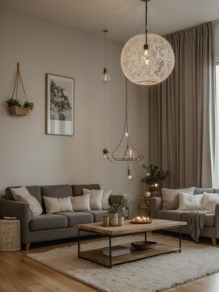 Hang cute and stylish pendant lights or fairy lights to create a cozy and enchanting ambiance in your apartment.