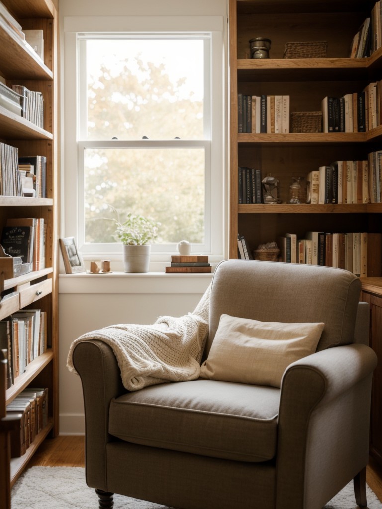 Incorporate a cute and cozy reading nook in your apartment with a comfy chair, warm lighting, and a charming bookshelf filled with your favorite reads.