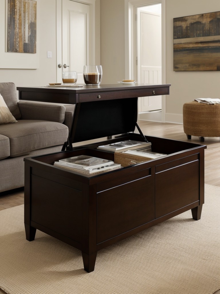 Incorporate functional furniture pieces with hidden storage compartments, such as ottomans and coffee tables.