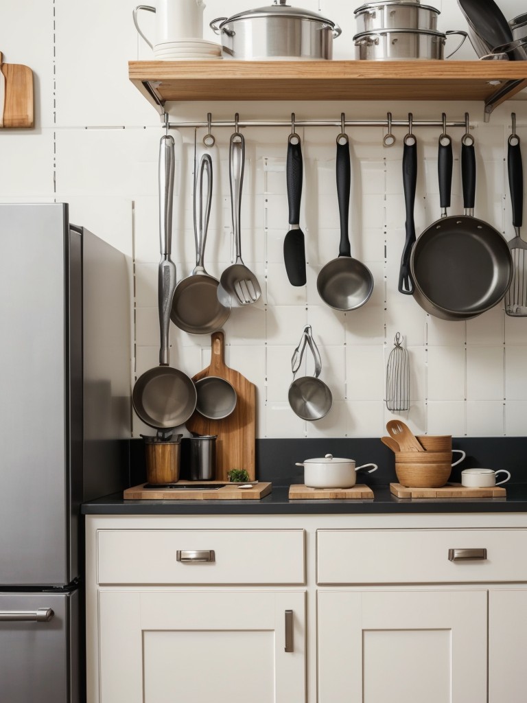 Install a pegboard on the wall for hanging pots, pans, and kitchen utensils to save cabinet space.