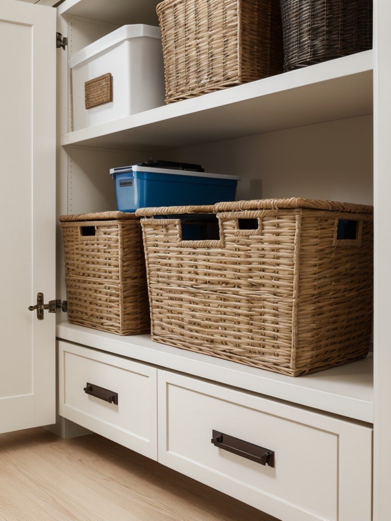 Invest in functional storage bins and baskets to keep belongings organized and out of sight.