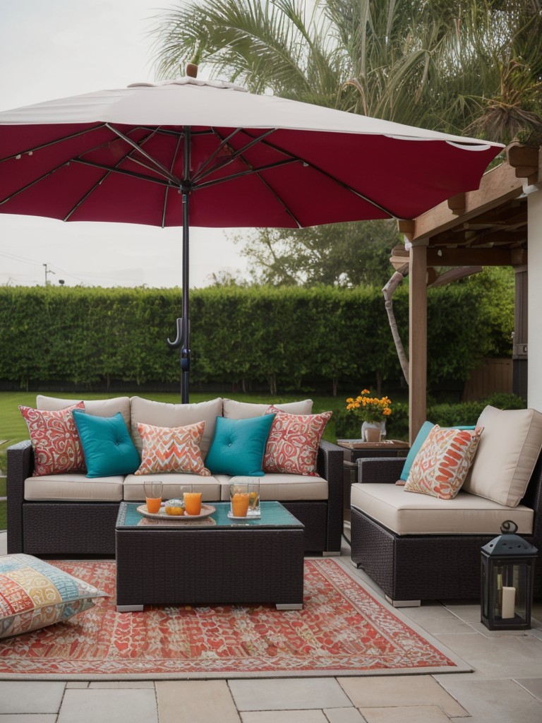 Add a pop of color with vibrant outdoor rugs, cushions, and umbrellas to liven up your apartment patio.