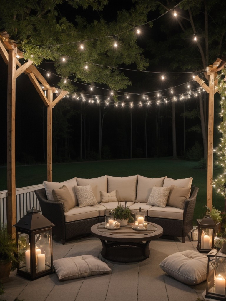 Create a cozy outdoor lounge area with comfortable seating, throw pillows, and fairy lights for a magical ambiance.