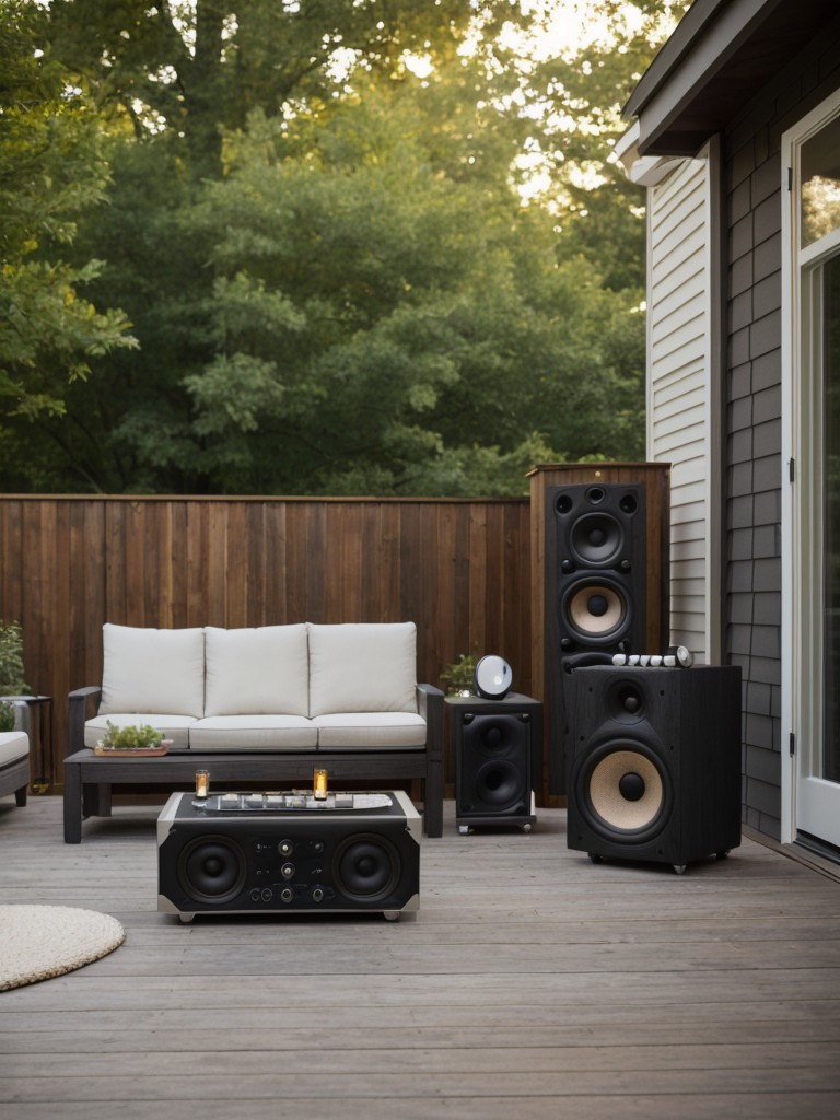 Enhance the ambiance by adding a sound system or portable speakers for playing music or podcasts while enjoying your outdoor space.