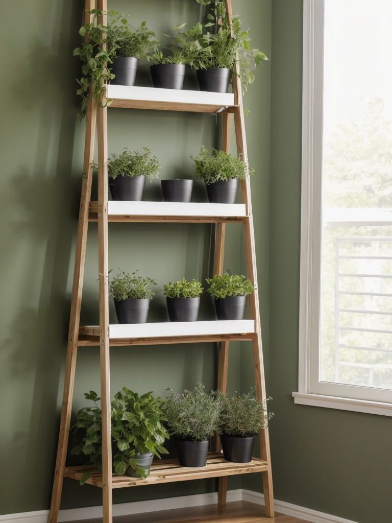 Enhance the greenery by hanging a vertical garden on a blank wall or utilizing a ladder as a creative plant stand.