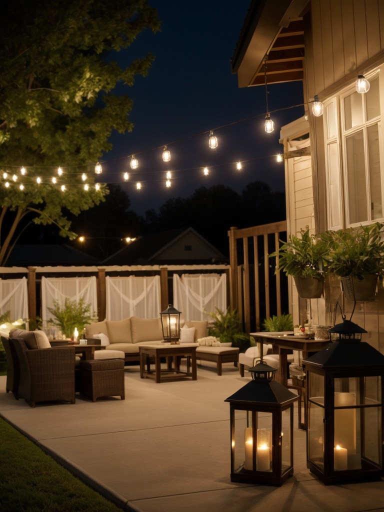 Hang string lights or lanterns to provide soft lighting for evening entertainment and gatherings.