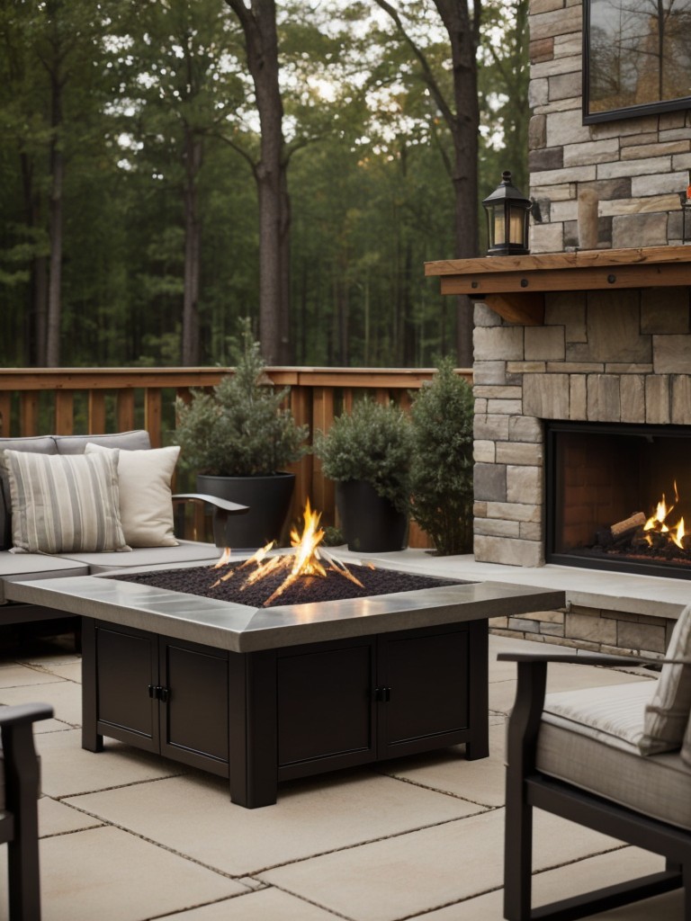 Incorporate a small fire pit or tabletop fireplace to create a cozy atmosphere and extend the use of your patio during colder months.