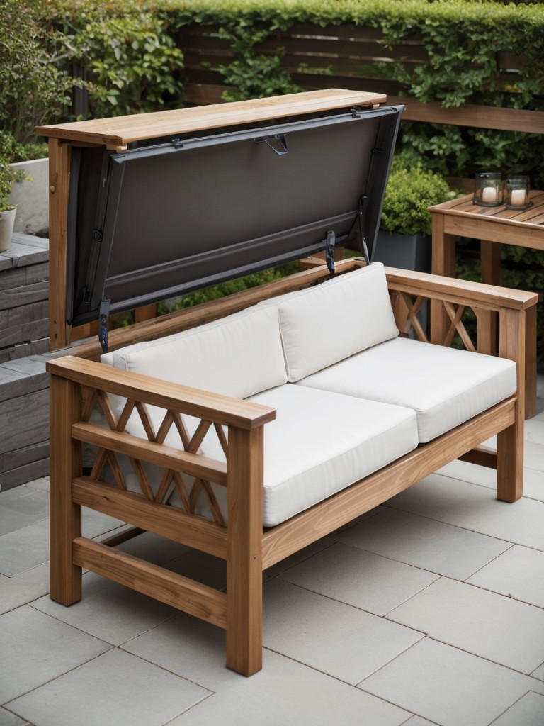 Make the most of a small patio by using multi-functional furniture like a storage bench that can double as seating.