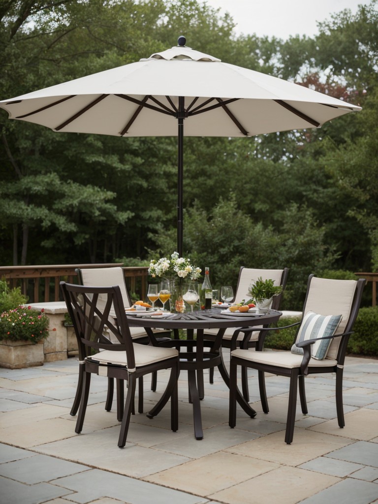 Transform your patio into an outdoor dining area with a bistro table and chairs, perfect for enjoying meals al fresco.