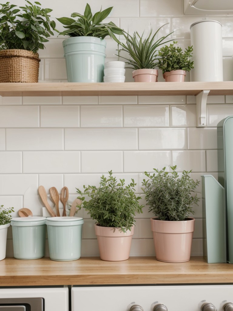 Adorable kitchen decor for apartments with pastel colors, open shelving, and small potted plants.