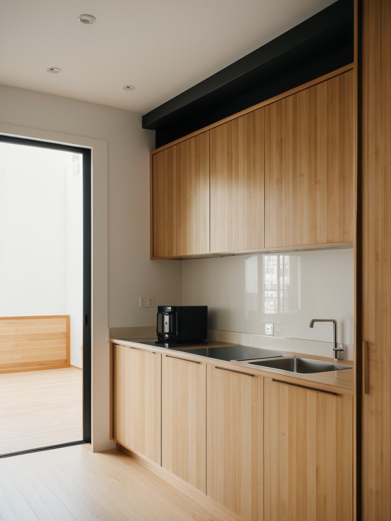 Asian-inspired apartment kitchens featuring bamboo accents, minimalistic design, and Zen-like elements.