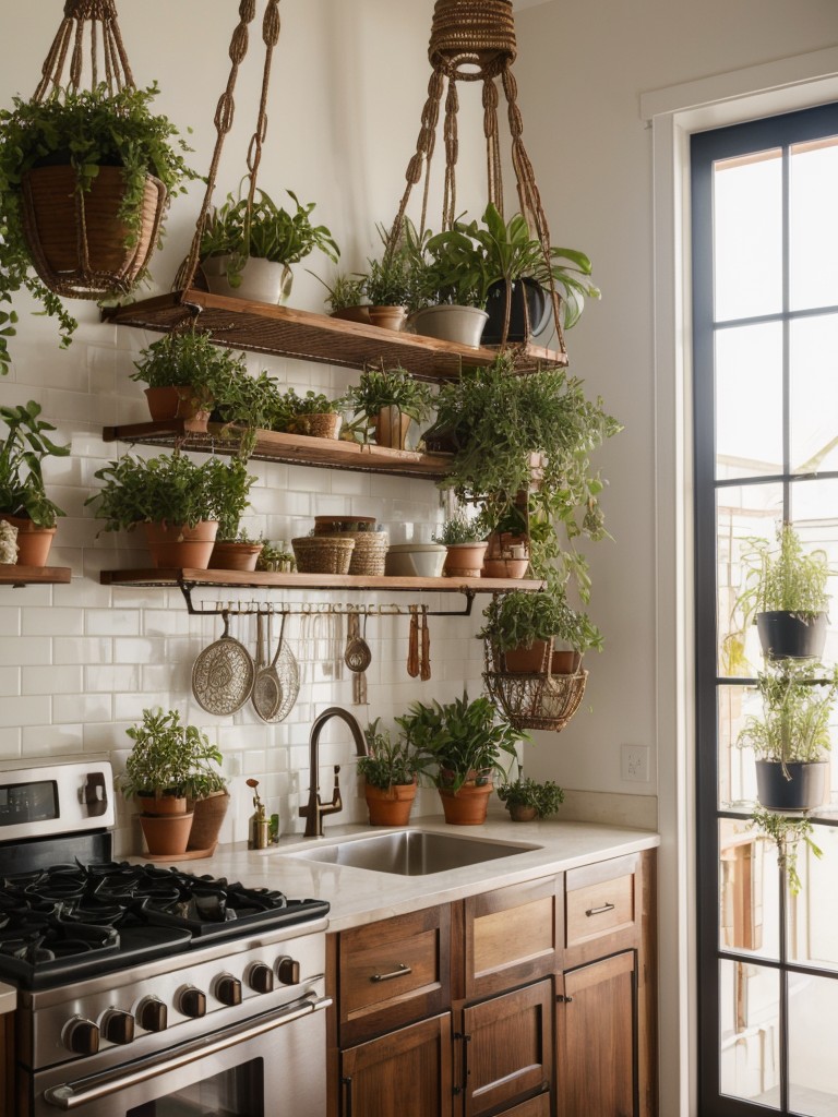 Bohemian-inspired apartment kitchens with eclectic patterns, macrame accents, and hanging planters for a quirky touch.
