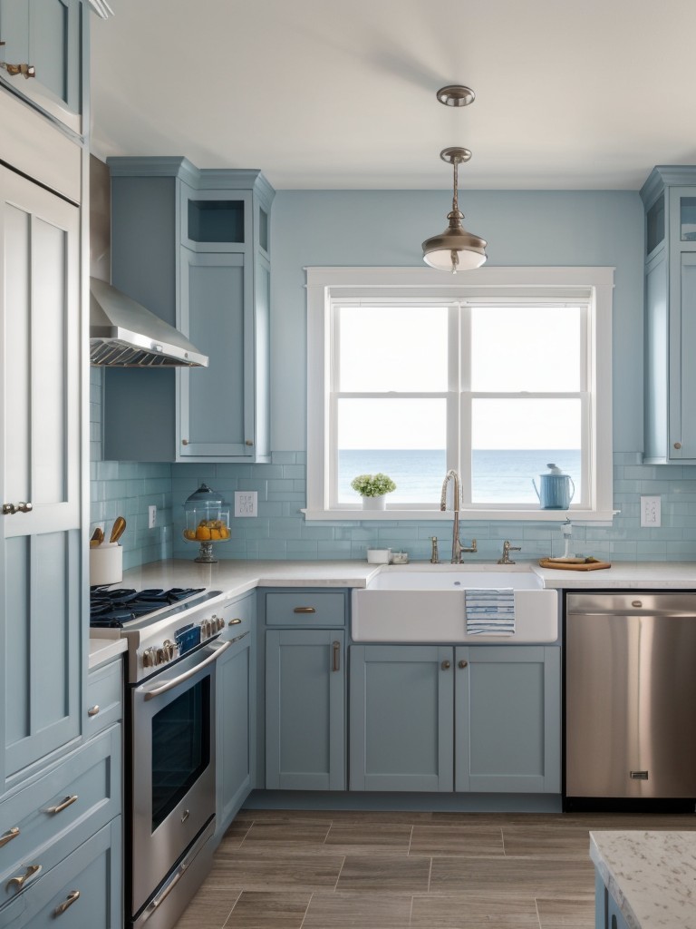 Coastal-inspired kitchen designs for apartments with nautical accents, light blue hues, and beach-themed decor.