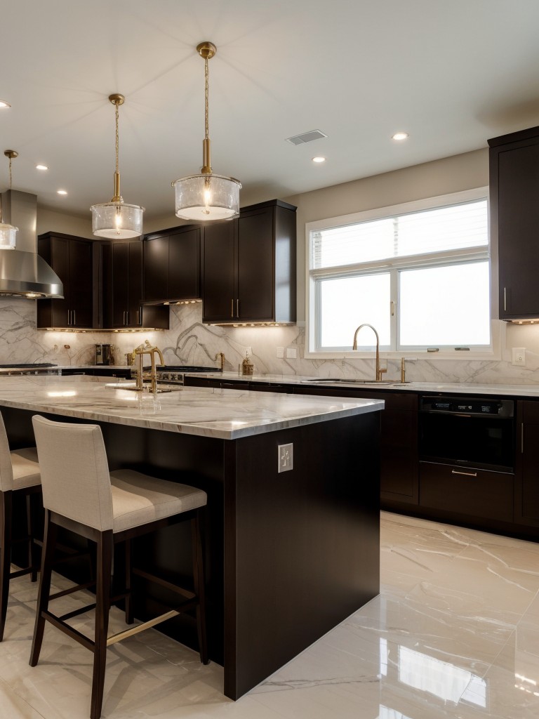Elegant and sophisticated apartment kitchens with marble countertops, pendant lighting, and luxurious finishes.