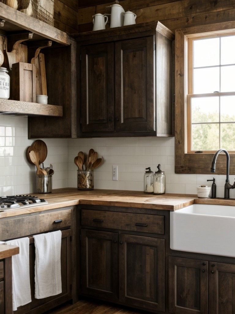 Farmhouse kitchen ideas for apartments with distressed wood finishes, farmhouse sinks, and quaint country-inspired touches.