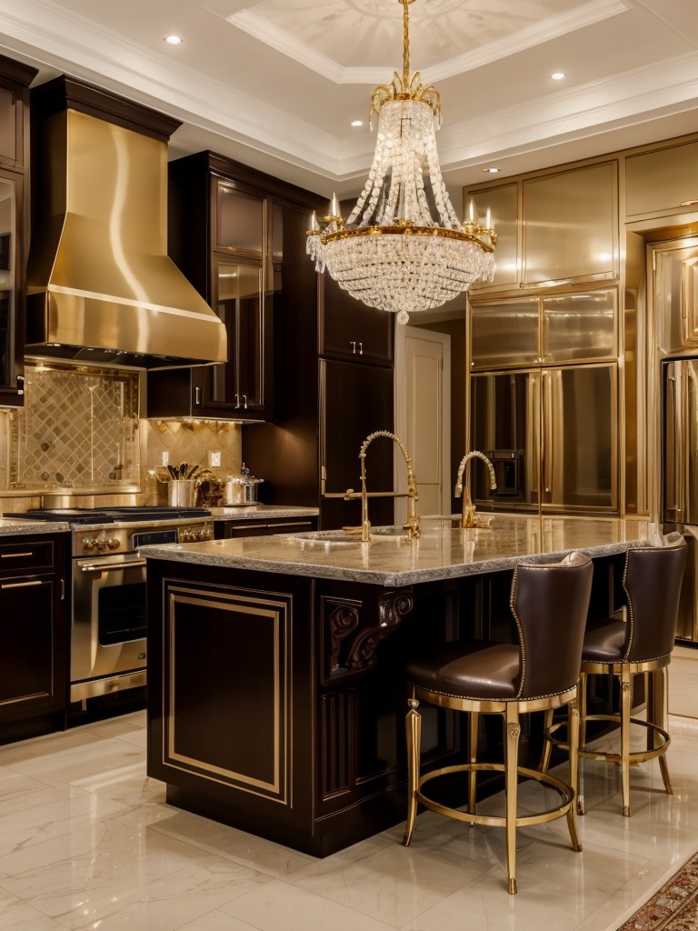 Glamorous apartment kitchen ideas with luxurious gold accents, crystal chandeliers, and high-end appliances for a touch of opulence.