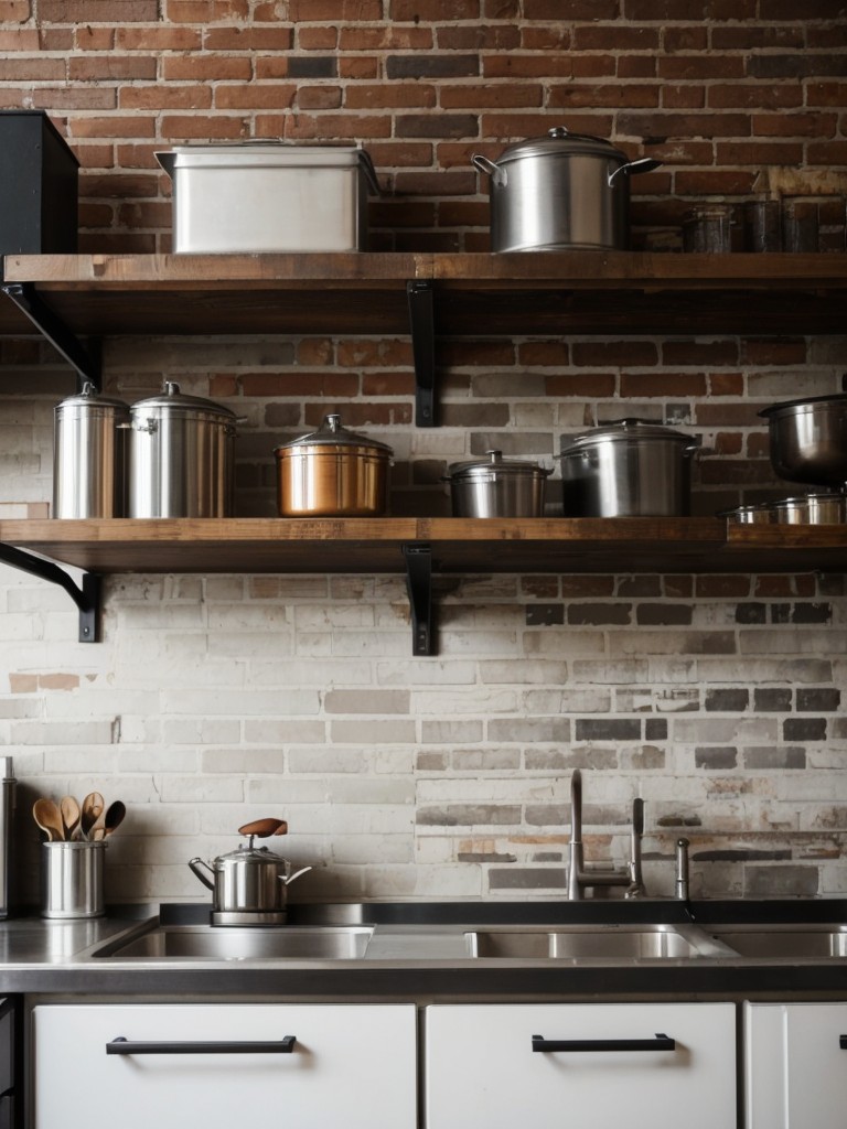 Industrial chic apartment kitchen ideas featuring exposed brick walls, metal accents, and open shelving for an urban touch.