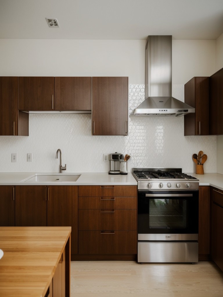 Mid-century modern apartment kitchens showcasing retro-inspired appliances, bold geometric patterns, and streamlined design.