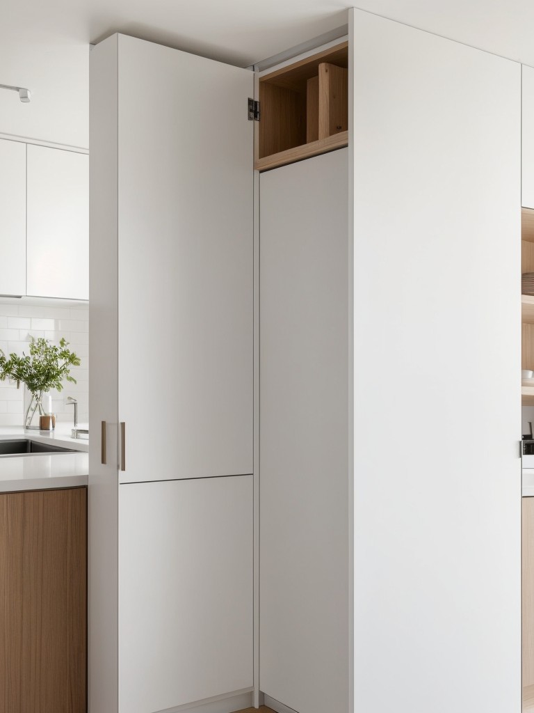Minimalist kitchen ideas for small apartments with sleek white cabinetry, hidden storage solutions, and minimalist decor.