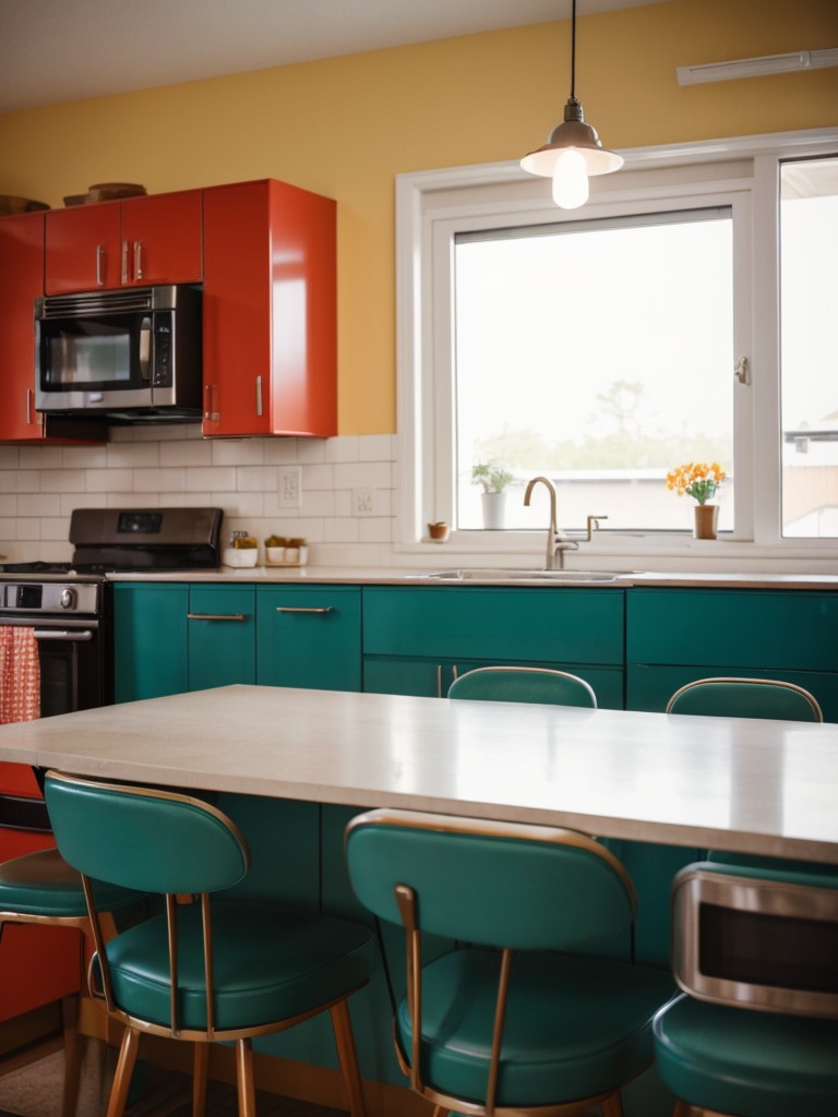Retro-inspired kitchens for apartments with vintage-inspired appliances, bold colors, and retro diner-style seating.