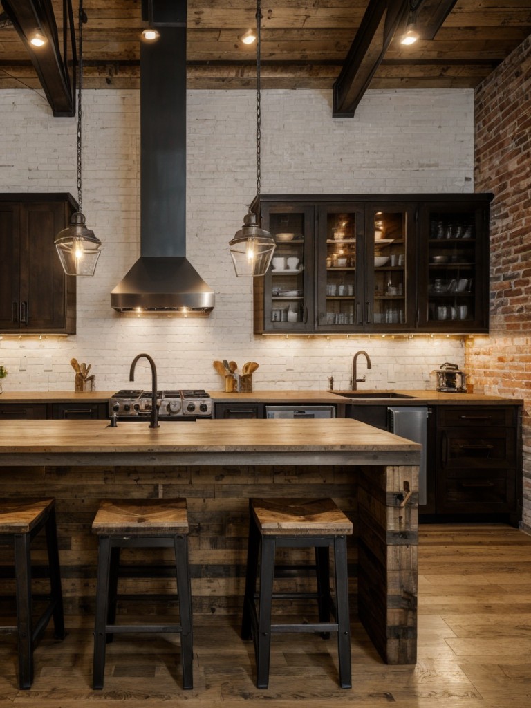 Rustic-industrial kitchen designs for apartments with reclaimed wood elements, exposed brick walls, and vintage-inspired lighting.