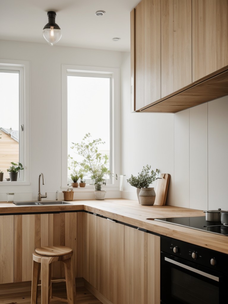 Scandinavian-inspired apartment kitchens featuring clean lines, natural wood elements, and a light color palette for a serene feel.