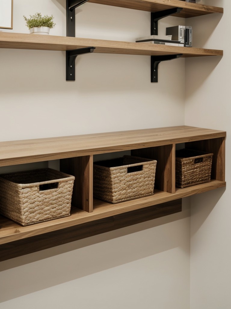 Use floating shelves or wall-mounted storage units to keep the floor clutter-free and create additional storage opportunities.