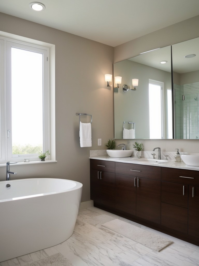 Incorporate a large mirror to visually expand the bathroom and add a touch of elegance.