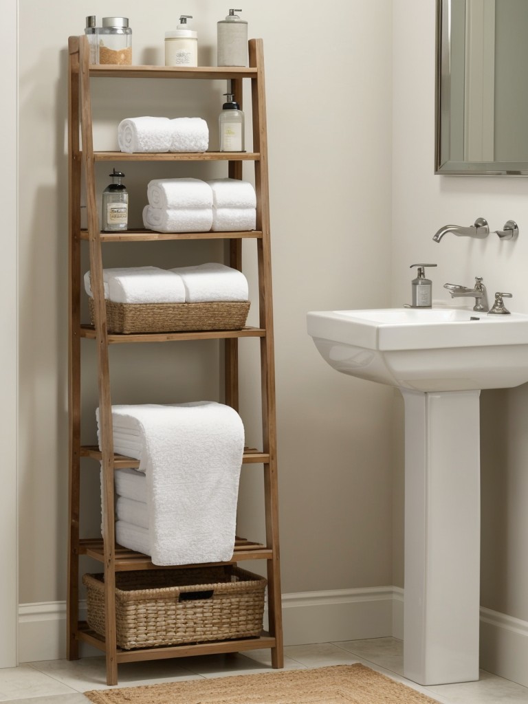 Use a ladder or over-the-toilet shelving unit to maximize vertical storage for items like towels, toilet paper, or cleaning supplies.